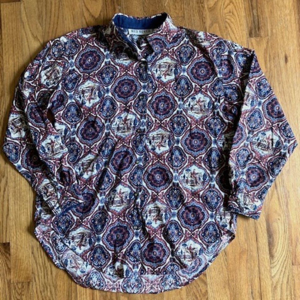 Vintage Red Rover Red & Blue Horseback Rider Long Sleeve Button-up Shirt